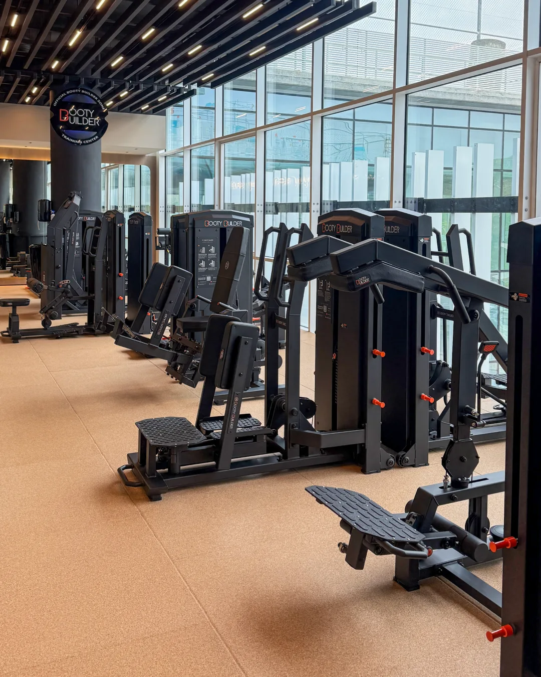 The Booty Builder strength machines ranged along the window wall